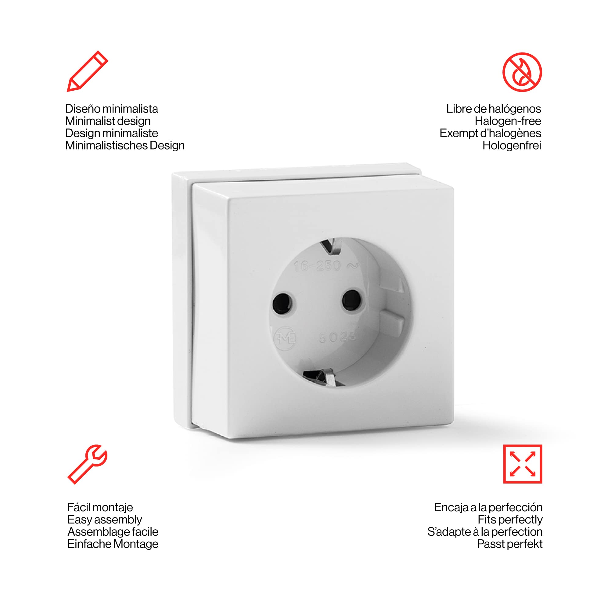 FAMATEL – Toma de corriente con TTL | 65 x 65 mm |Superficie | 16A | 250V | Fácil instalación | Serie 5000 | Blanco.