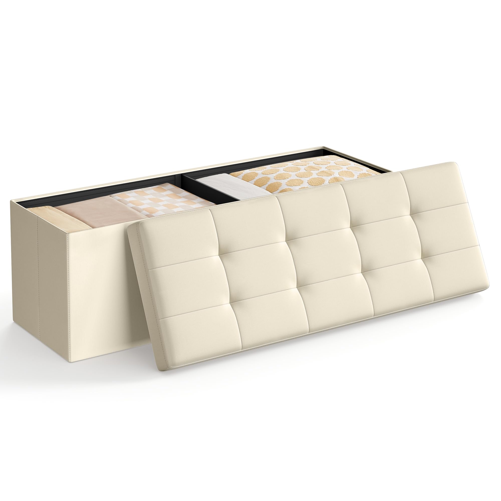 SONGMICS MAZIE Collection - Storage Ottoman Bench, 110 cm Folding Foot Rest Stool, End of Bed Bench, Easy Assembly, for Living Room, Bedroom, Entryway, Cream White LSF077W51