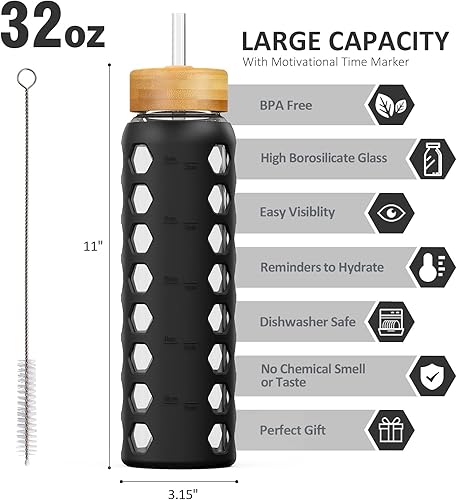 Miniatura 2 de MUKOKO Botellas de agua de vidrio de 32 onzas con 2 tapas, tapa de boquilla con asa y tapa de popote de bambú, vaso de agua motivacional con