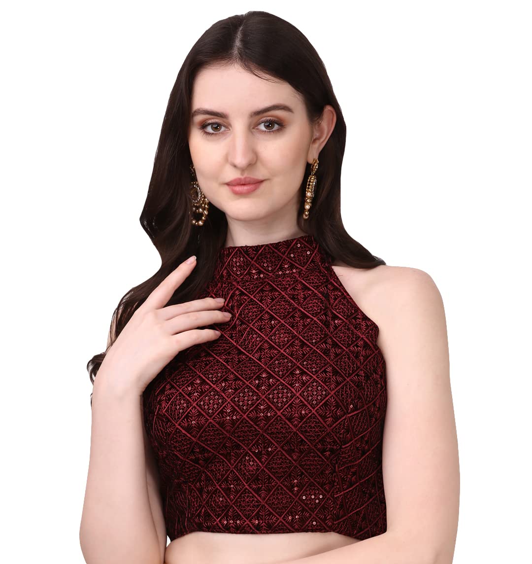 Pujia Mills Women's Maroon Sleeveless Blouse For Women Halter Neck Chickenkari Sequins Work Readymade Saree Blouse (Diamond Halter Neck Maroon 36)