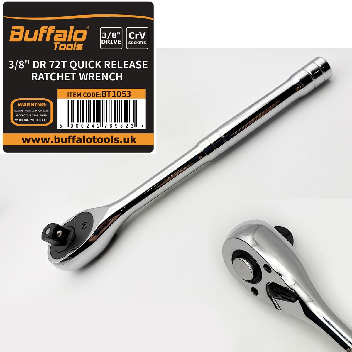 Buffalo Tools 3/8 Drive Quick Release Ratchet Reversible Straight 72t Socket Wrench