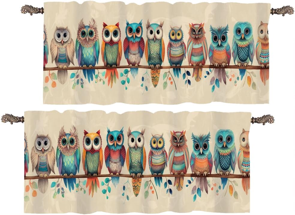 2 Panels Colorful Owl Curtain Valance for Windows, Abstract Bird Tree Leaf Rod Pocket Short Window Treatment Decor Drapes for Kitchen, Bathroom, 54" X 18"