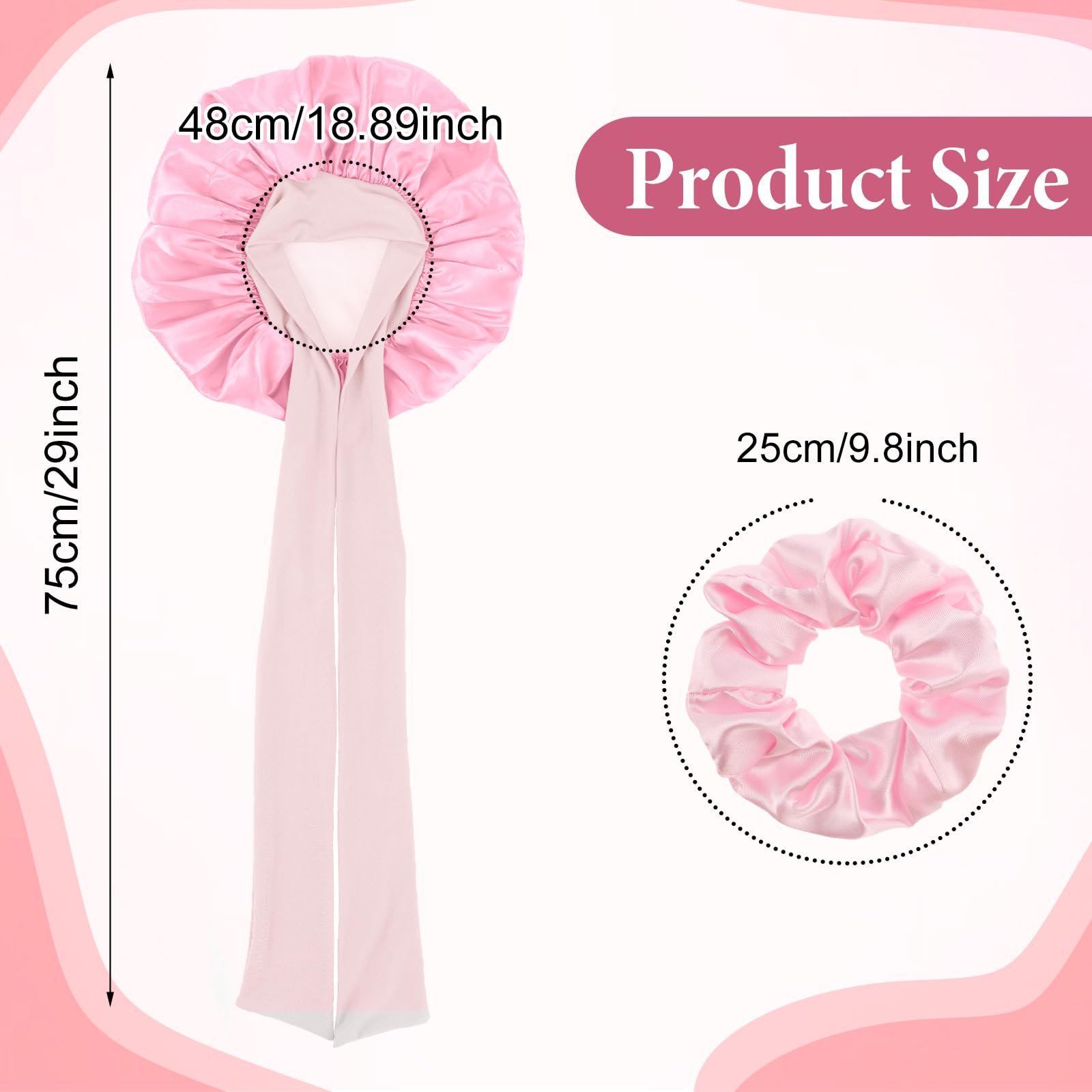 Satin Bonnet for Women, Silk Hair Bonnet for Sleeping Night Sleeping Cap with Tie Band and Scrunchies, Soft Hair Bonnet for Curly Hair Braid(Pink)