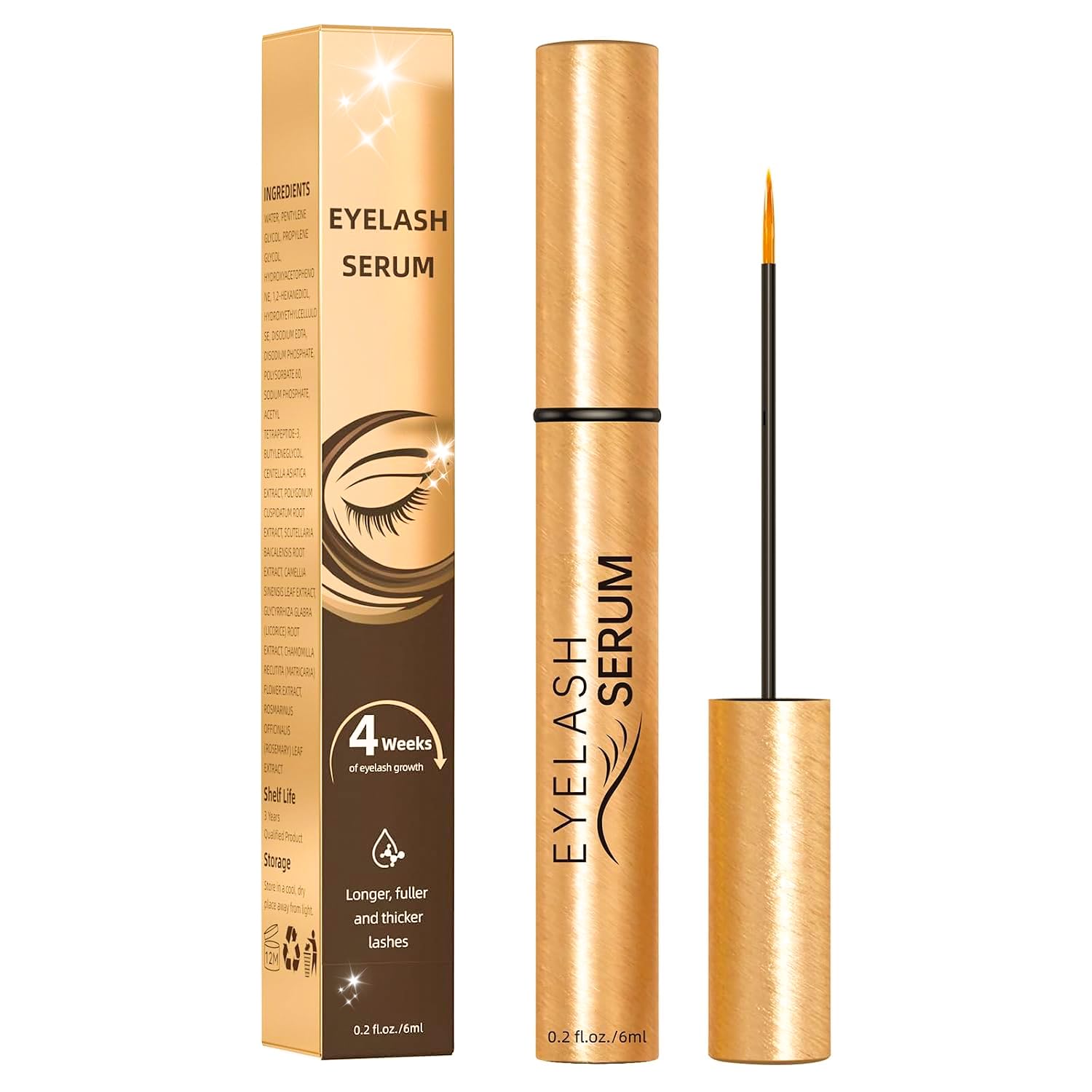 Lash Serum for Eyelash Growth, Peptide Eyelash Growth Serum for Longer, Fuller & Thicker-Looking Lashes, Gentle Vegan Formula for Sensitive Eyes 6mL Brushed Gold 6 mL