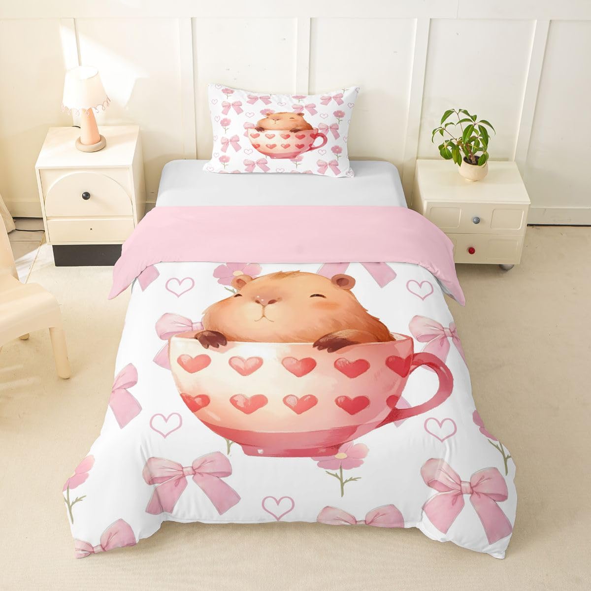 Homewish Pink Bow Capybara Bedding Single Cute Bowknot Duvet Cover Set - Kawaii Cup Capybara Quilt Cover for Kids Girls Teens Room Decor - Sweet Heart Animal Themed Bed Set with 1 Pillowcase — image 1