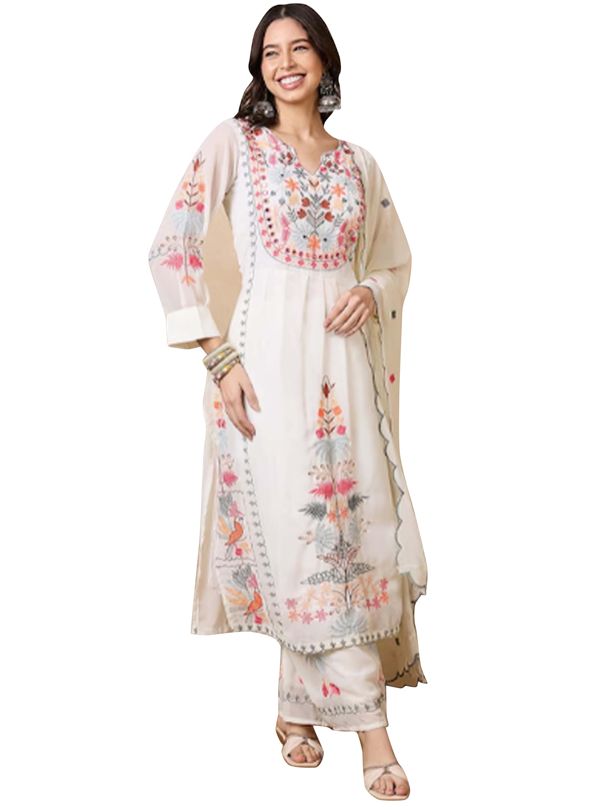 Fashion Basket Women's Faux Georgette Embroidered Straight Kurta With Dupatta (Large, White)