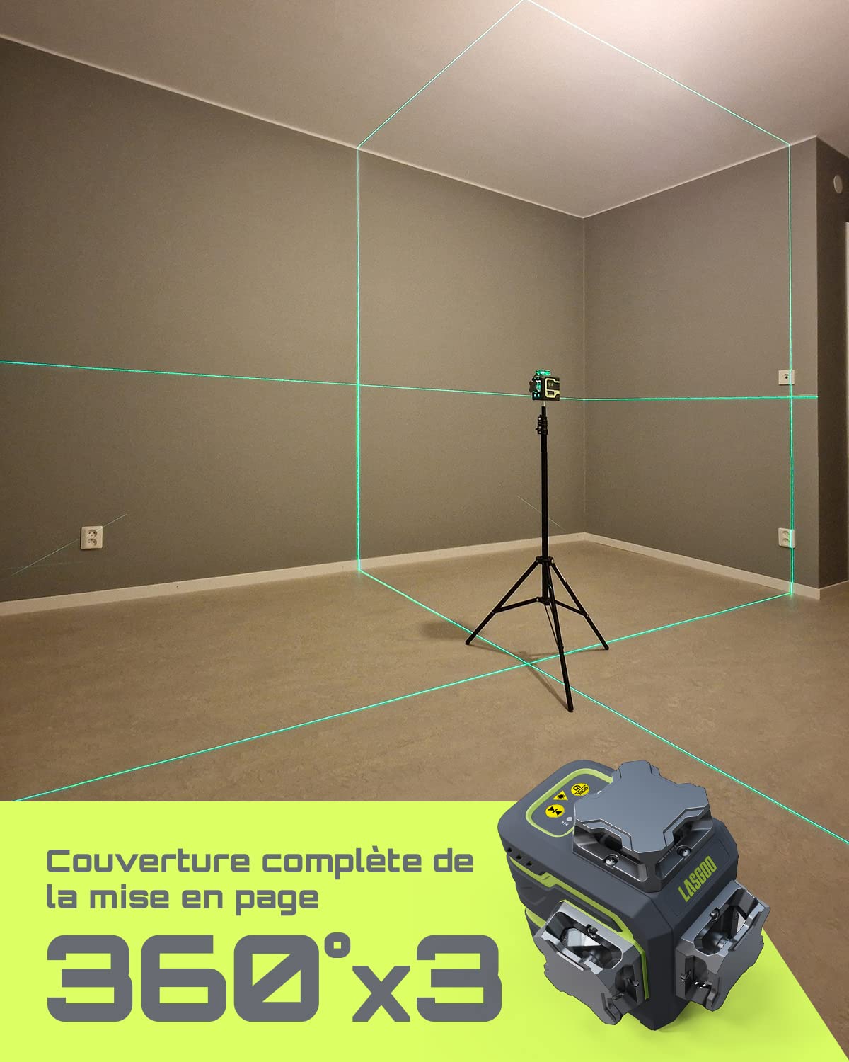 LasGoo LG-3D Niveau Laser Auto-nivelant 3x360°- Laser 3D à Faisceau Vert pour Construction et Alignements - 2 Batteries Rechargeables (20h) - Support Magnétique Rotatif et Relevable，Vert