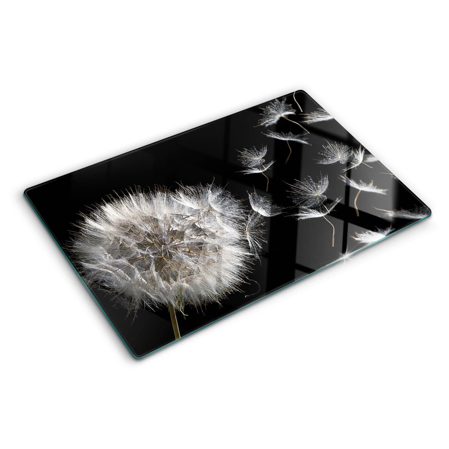 Planche en verre trempé 80x52 cm avec bords polis et décor pissenlit