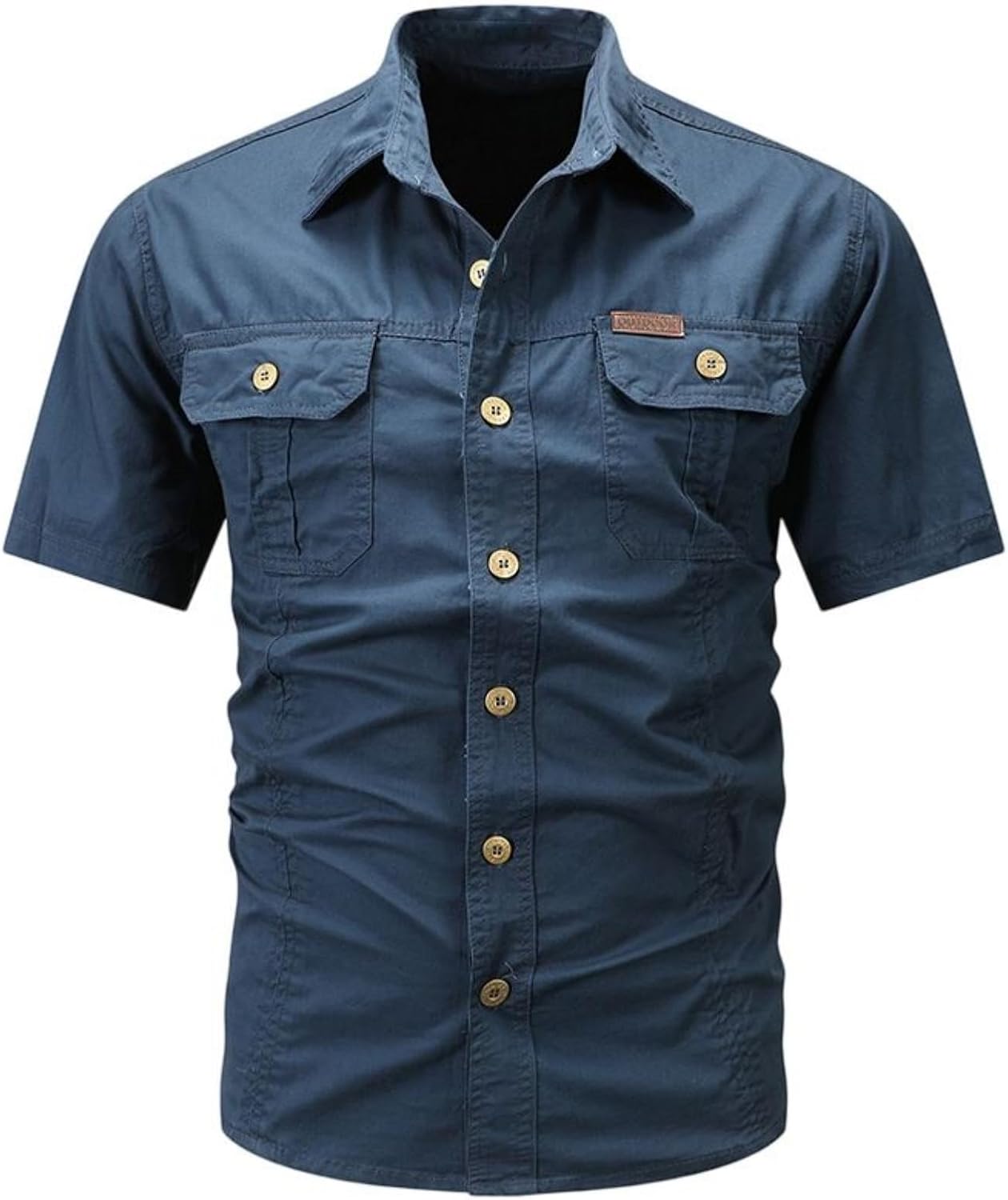 Men's Japanese Workwear Cotton Solid Color Short Sleeve Work Shirt Button Down Multi Pocket