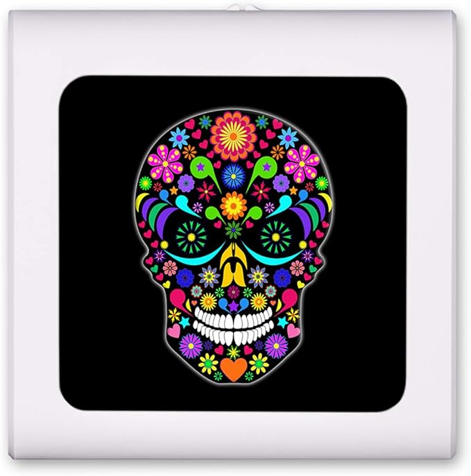 Plug in Dimmable LED Night Light with Dusk to Dawn Auto Sensor, Adjustable Brightness, Warm Light, Auto On-Off Nightlight for Bathroom, Hallway, Nursery, Bedrooms - Multi Color Sugar Skull