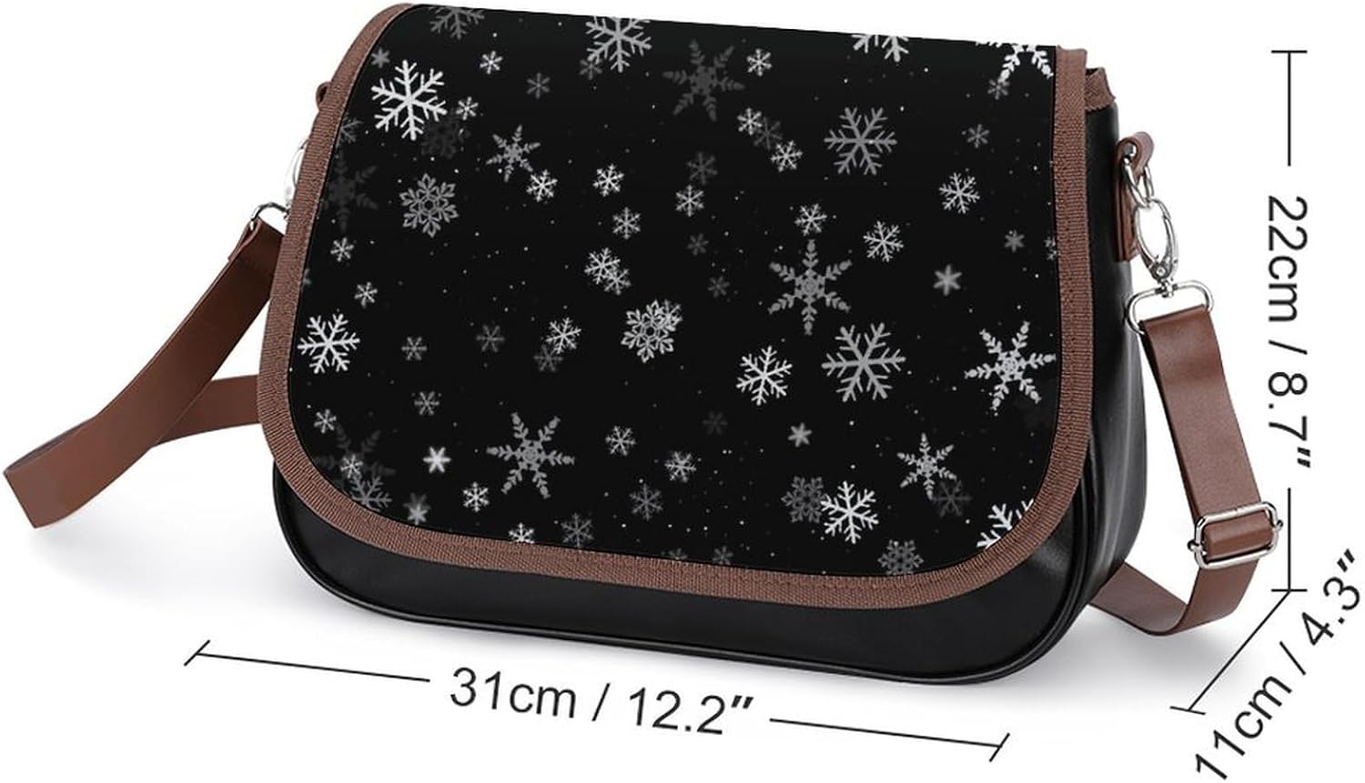Black And White Snowflakes WinterWomen's Faux Leather Crossbody Bag, Waterproof Wrinkle-Resistant Shoulder Bag with Detachable Strap, Large Capacity Casual Handbag, Fashion Daily Purse for Shopping Wo