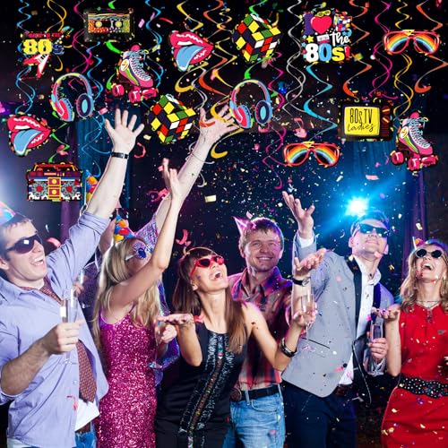 Image of 80s Party Decorations, Kaluofan 38PCS 80s Nostalgic Retro Party Hanging Swirls Ceiling Decorations, 80s Theme Party Background Supplies, Back to 80s Decorations for Adults Rock and Hip Hop Party