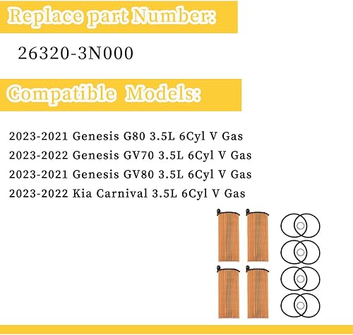 Miniatura 2 de Filtros de aceite con juntas tóricas y juntas de tapón de drenaje 26320-3N000 Compatibles con Genesis G80 GV80 3.5L 2021-2023GV70 3.5L 2022-2023Kia