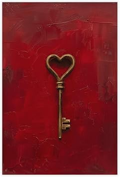 Fotuven Gold Heart Key on Red Art, Dark Romance Couple Art, Dark Academia Valentines Day Decor, Lovers Key Anniversary Gift Printable Love Wall Art Unframe-style12x18