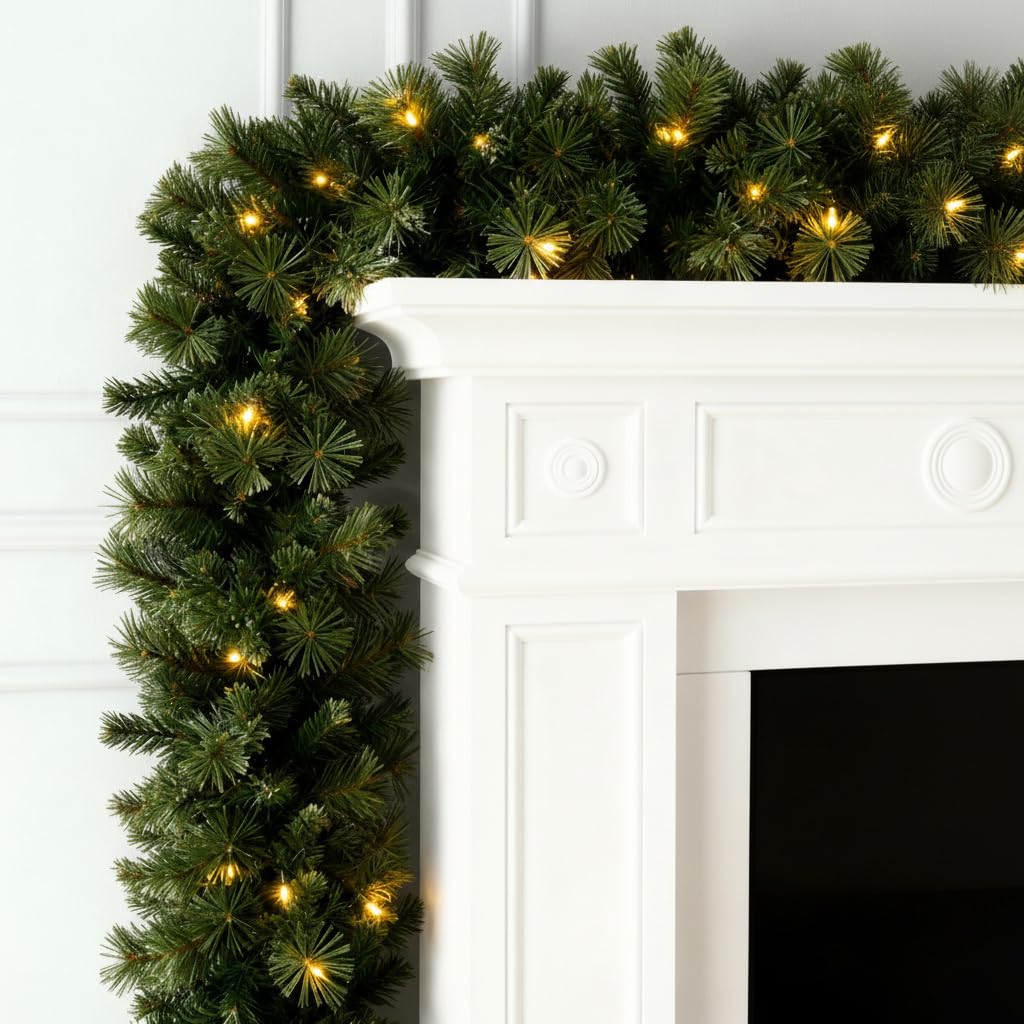 GloBrite 2.7M Christmas Garland with 40 Warm White LED Lights (280 Tips) - Pre-Lit Fireplace Garland Christmas Decoration, Battery-Powered Christmas Garlands for Home Decoration Christmas & More