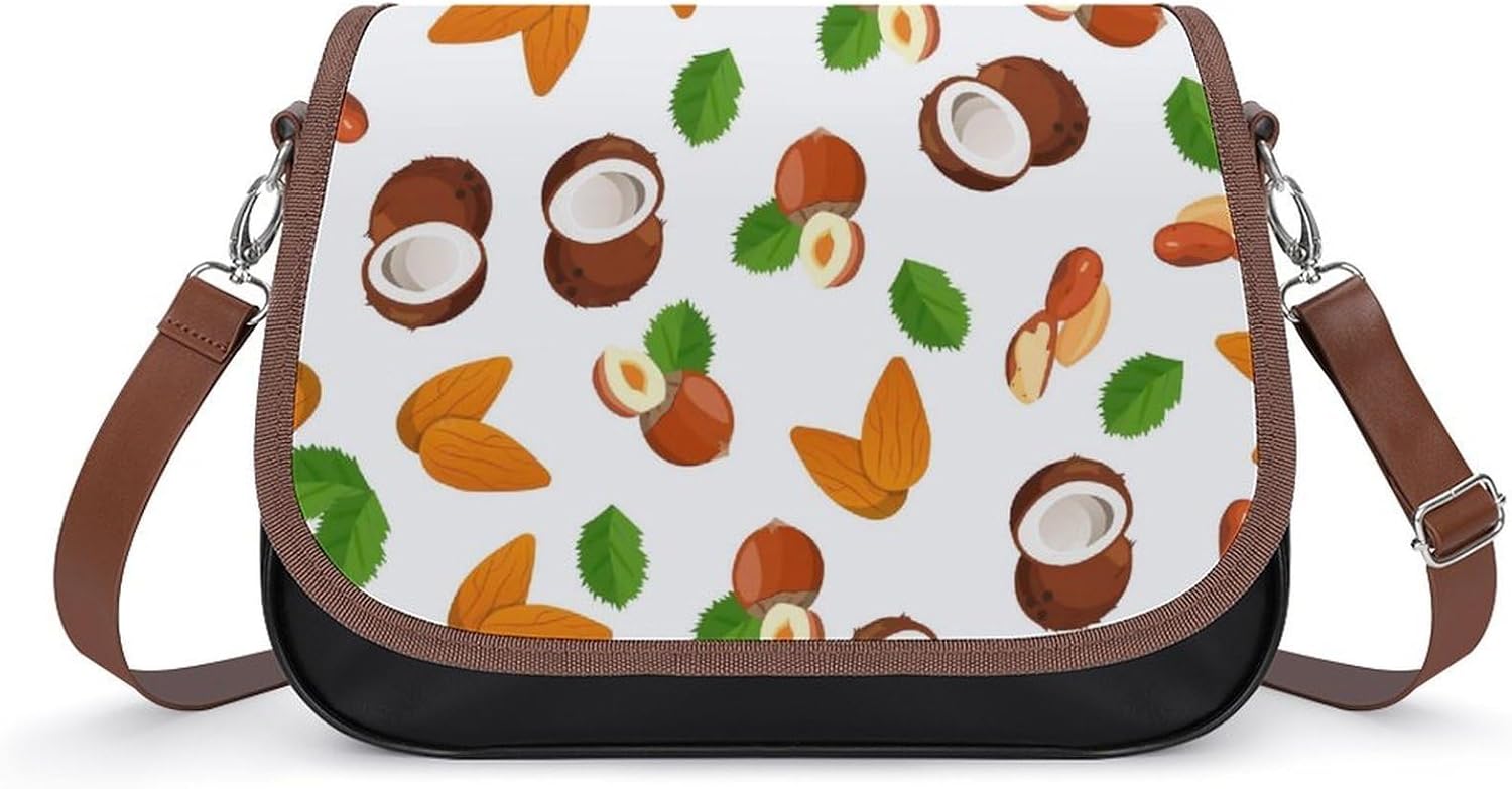 Assortment of Nuts Pattern Peanut Coconut Almondd Hazelnuts Tropical FruitsWomen's Faux Leather Crossbody Bag, Waterproof Wrinkle-Resistant Shoulder Bag with Detachable Strap, Large Capacity Casual Ha