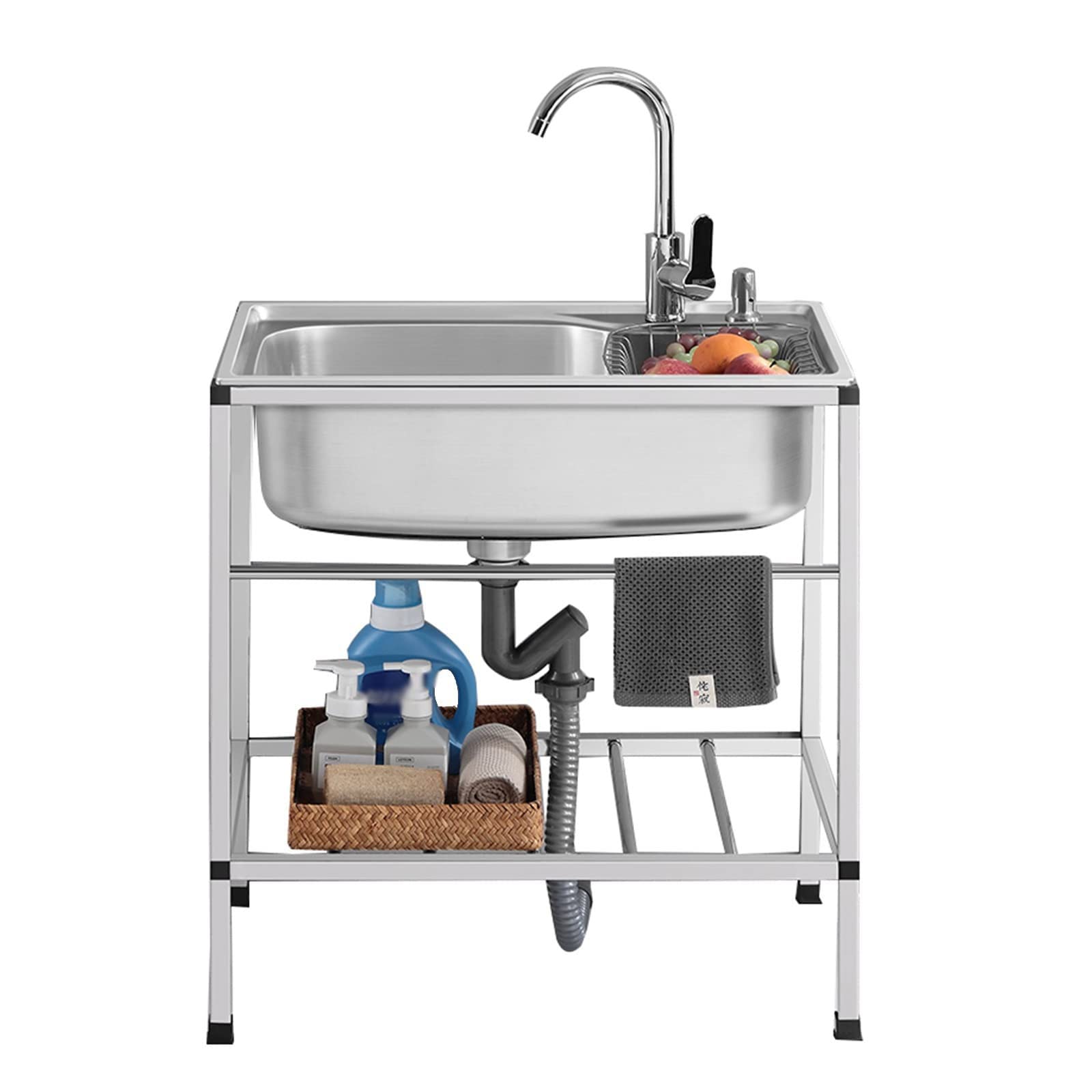 LMYSXAOZ Single Bowl Commercial Restaurant Kitchen Sink Wash Basin Station W/Storage Shelve, Prep & Utility Stainless-Steel Laundry/Backyard/Garage