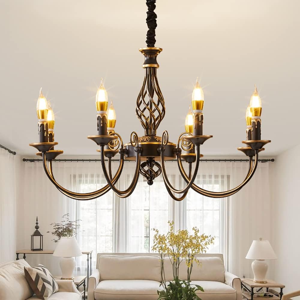 Black and Gold Farmhouse Chandelier, 8 Lights Rustic Metal Pendant Light Fixture, Vintage Hanging Lights for Living Room Dining Room Foyer