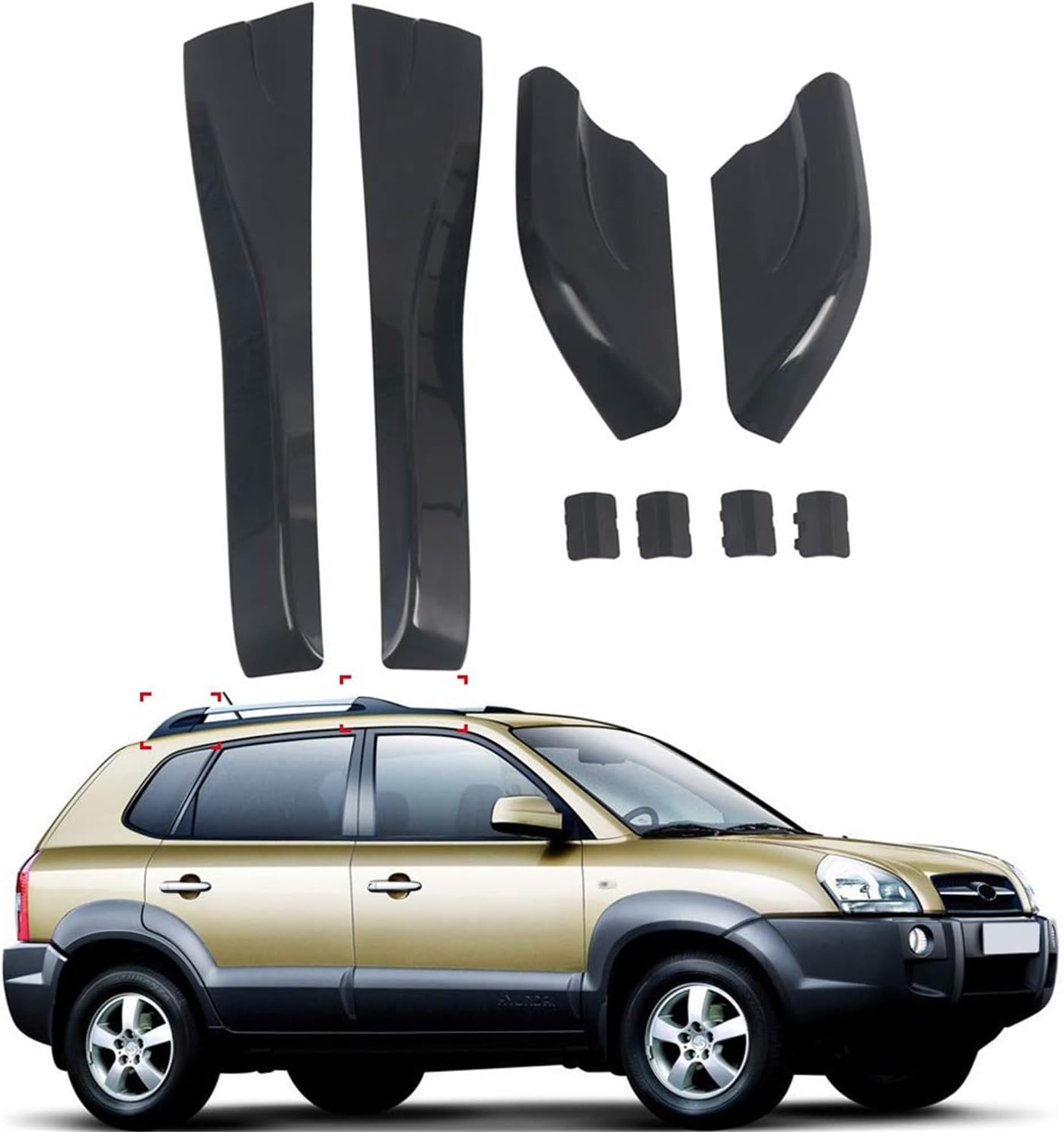 L2R for Hyundai Tucson 2004 2005 2006 2007 2008 Car Roof Rails Rack Leg Cover End Cap Protector Cover Glossy Black Exterior Accessories 8PCS