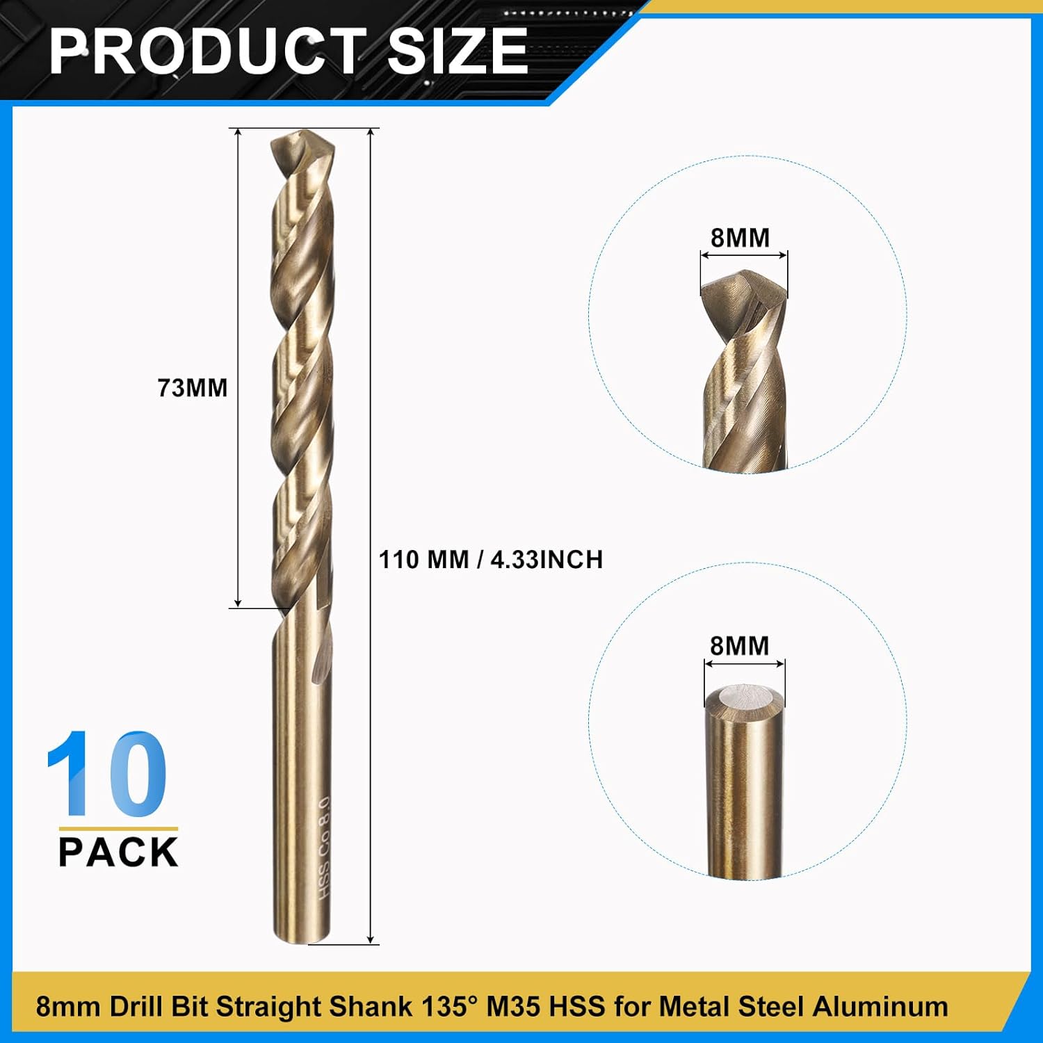 PATIKIL 8mm Drill Bit, M35 Cobalt 5% High-Speed Steel Jobber Straight Shank 135° Gold Finish for Stainless Steel Hard Metal - 10 Pack