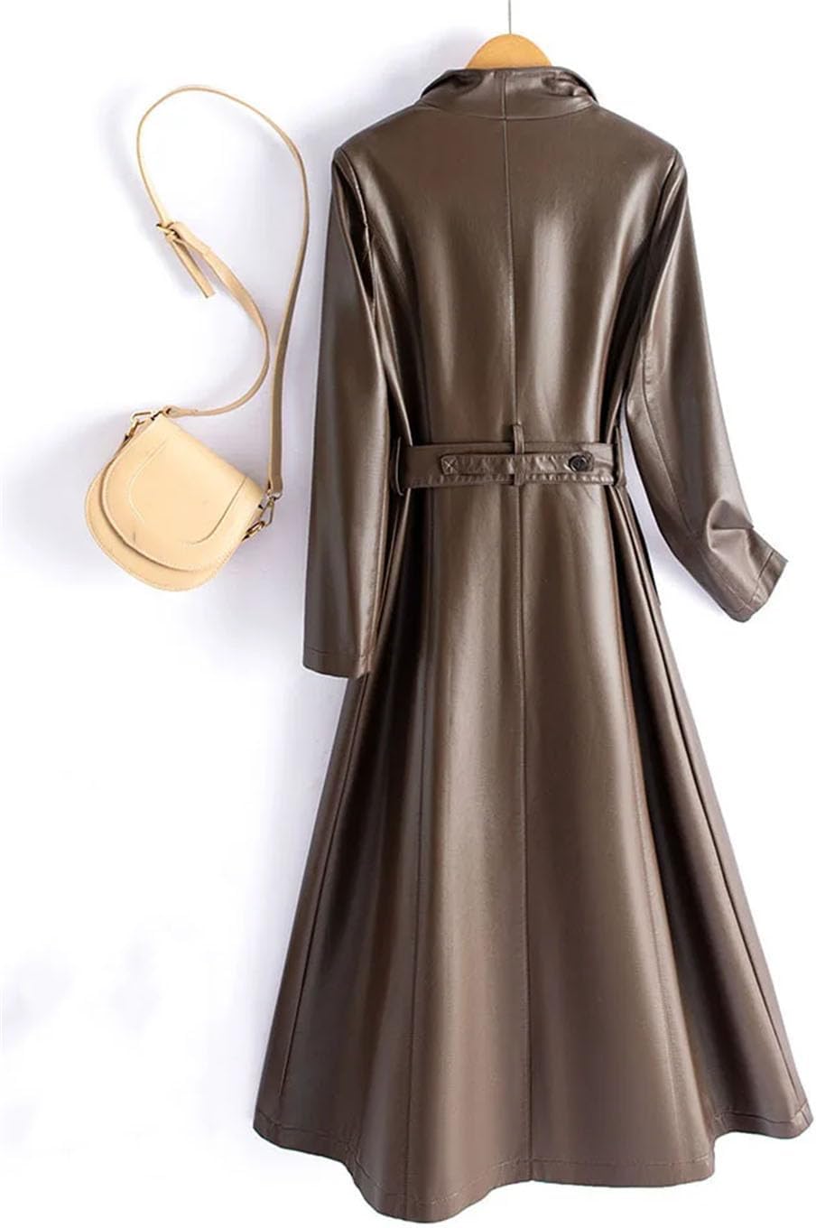 Women Leather Long Trench Coat For Turn Down Collar Sheepskin Jacket With Belt Windbreaker