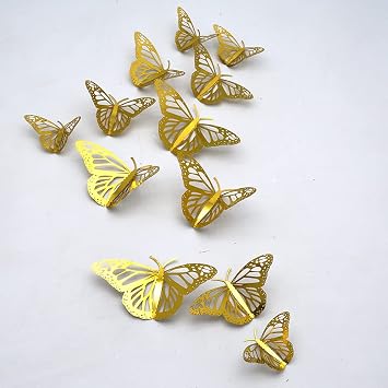 12-Pack of 3D Metal Butterfly Wall Decorations | Gold Texture | Wedding and Event Decorations | Home Decor | Laser Cutouts Golden -A