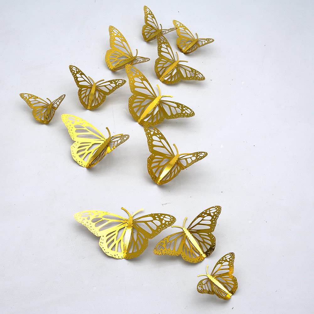 12-Pack of 3D Metal Butterfly Wall Decorations | Gold Texture | Wedding and Event Decorations | Home Decor | Laser Cutouts (Golden -A)