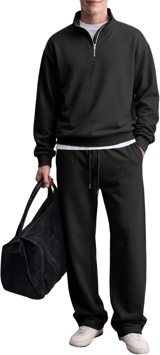 JMIERR Mens 2 Piece Tracksuit Set Quarter Zip Brushed Curved Leg Outfits