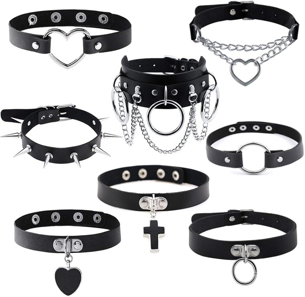 MJartoria Gothic Jewelry-Goth PU Leather Choker Necklaces for Women-Heart Punk Rock Adjustable Black Collar Choker Necklaces 8pcs Cross