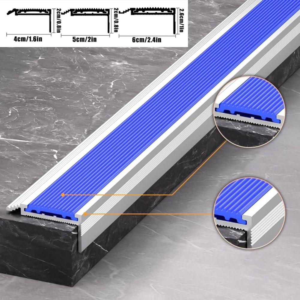 100 cm Antideslizante Perfil de Borde de Escalera, Protector de Nariz de Escalera de Aluminio con Tiras de Goma para Interior Exterior(Gray,6x2.6cm)
