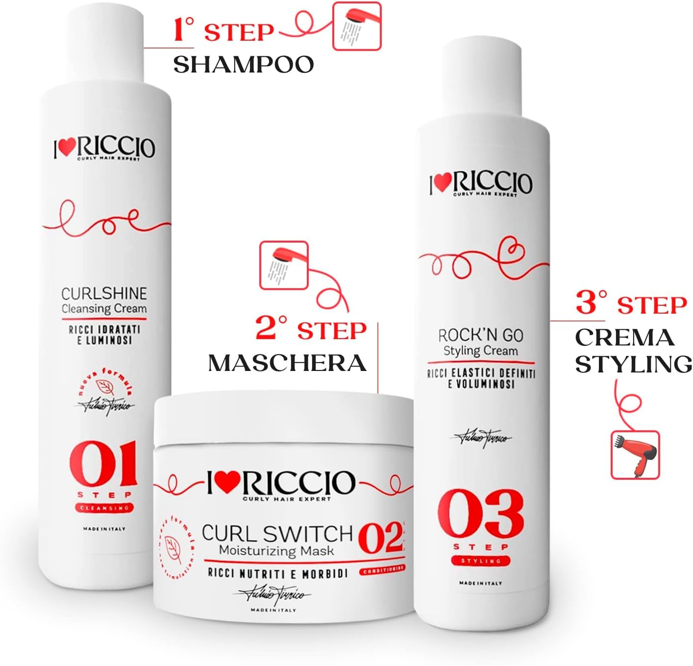 I Love Riccio Kit Mini Size per Capelli Ricci e Mossi, Include uno Shampoo, una Maschera e una Crema di Styling, con Olio di Ricino, di Cocco e di Argan, per Capelli Ricci di Texture Medio-Grossa