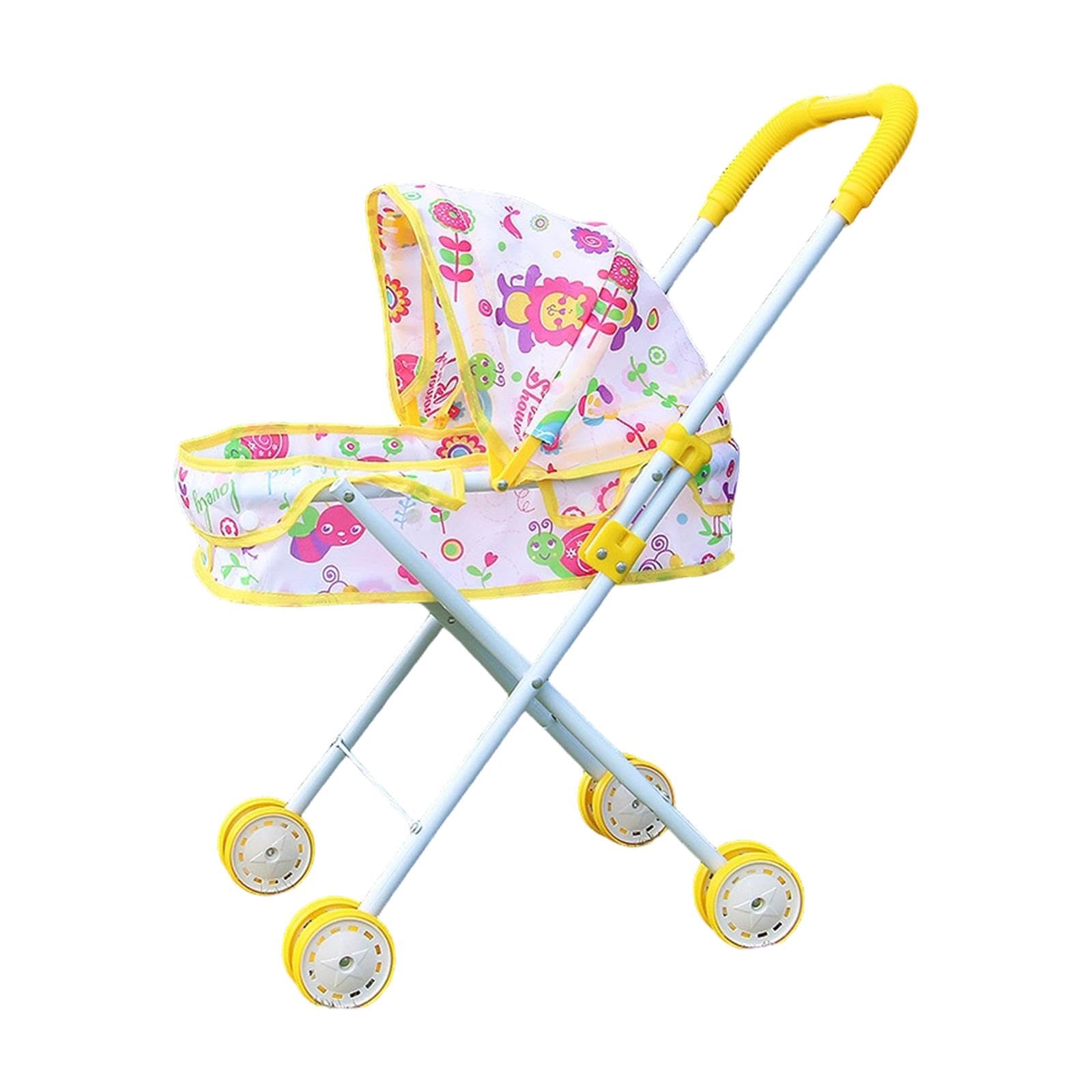 Puppenwagen Faltbarer Kinderwagen Puppenbuggy Rollenspiel Spielzeug Aus Eisen Und Pp mit Stabiler Unterstützung für Geschenk Lernspiel Dekoration Kind, Gelb