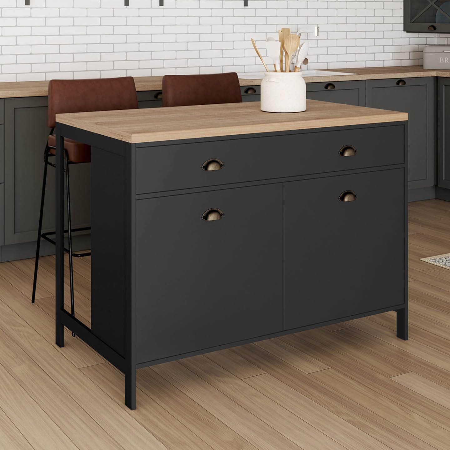 IDMarket - Ilot Central 120 cm Campagne ISIS Plateau Bois façon hêtre et Noir