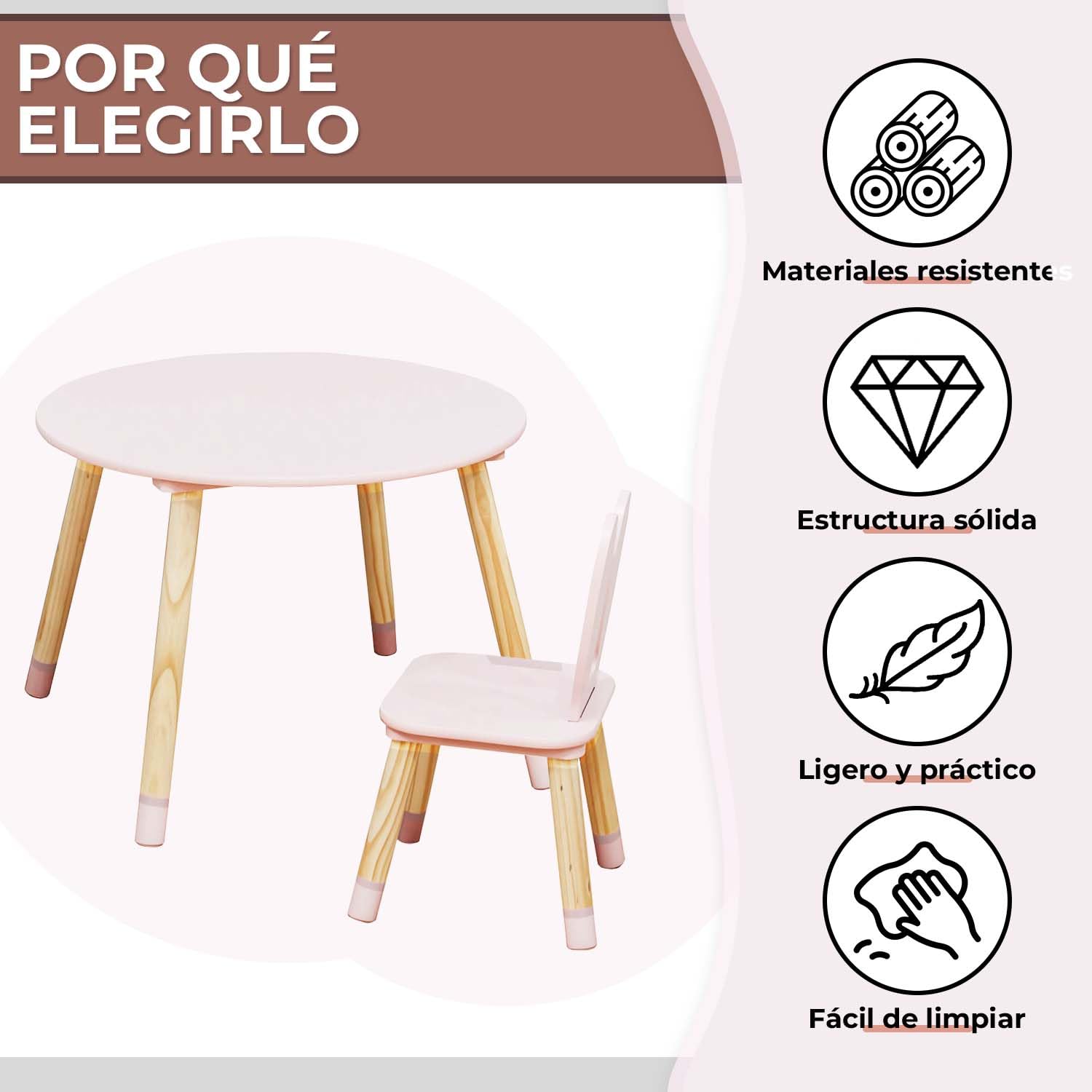 Rebecca Mobili Set de Mesa y 2 Sillas para Niños, Mesa Infantil con Taburetes, Rosa Marrón, MDF de Pino, para Habitación Infantil - Medidas: 44 x 60 x 60 cm / 50 x 28 x 25 cm - Art. RE7017