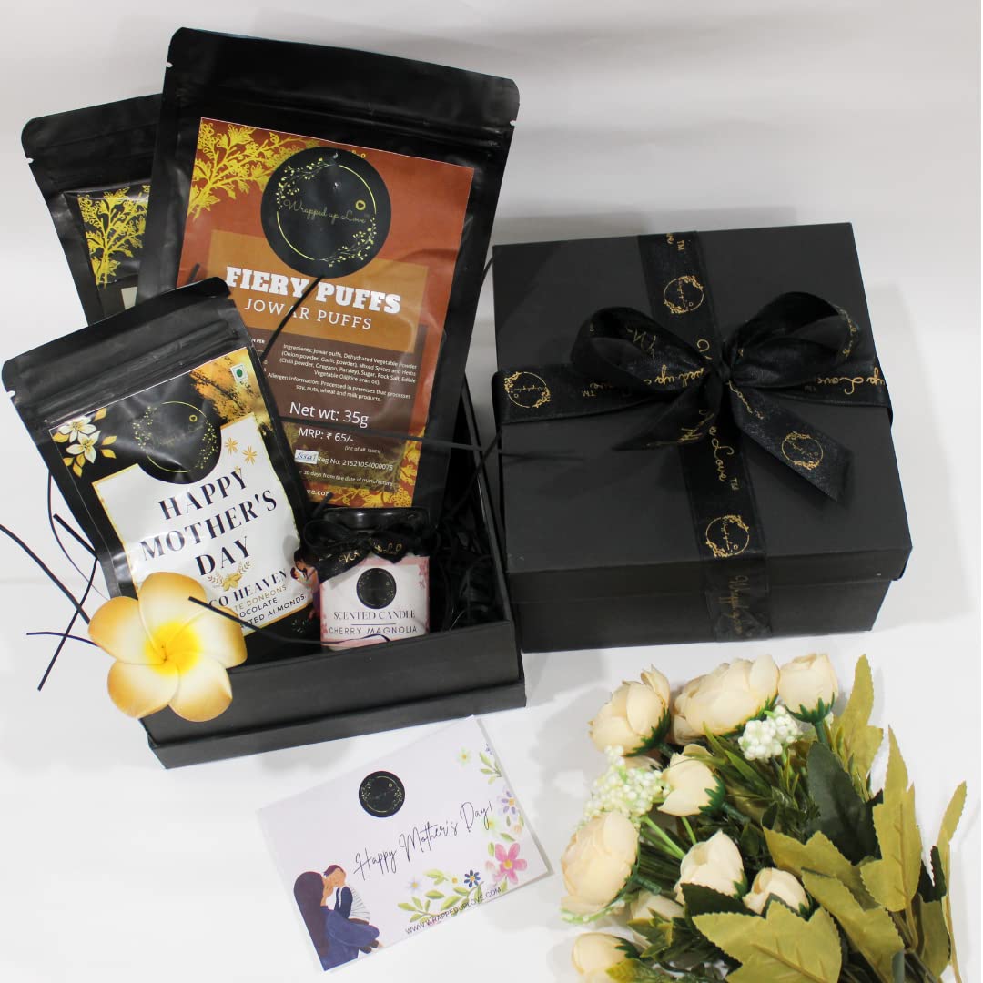 Wrapped up Love Mother's Day Gift Hamper Choco Heaven Chocolate Bonbons, 2 Jowar Puffs, 1 Mini Scented Candles - (Mother's Day Gift), Gifts for mom