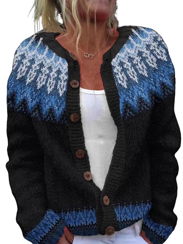 Beige Fair Isle Cardigan Sweaters for Women Knit Button Down Vintage Crewneck Long Sleeve Outerwear for Winter Holiday