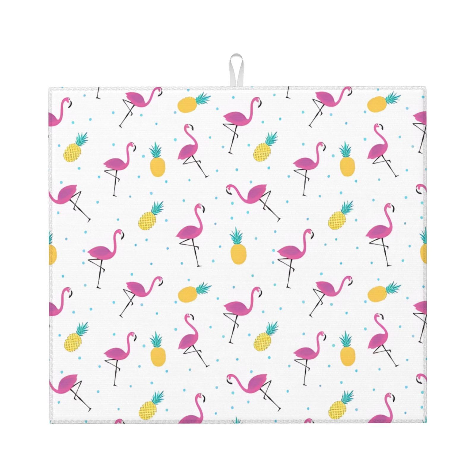 HJFCZH Flamingo and Pineapple Prints Kitchen Drying Mat – Absorbent Microfiber Throw for Dishes, Non-Slip Counter Cover, Quick-Drying Layer with Fade-Resistant Print