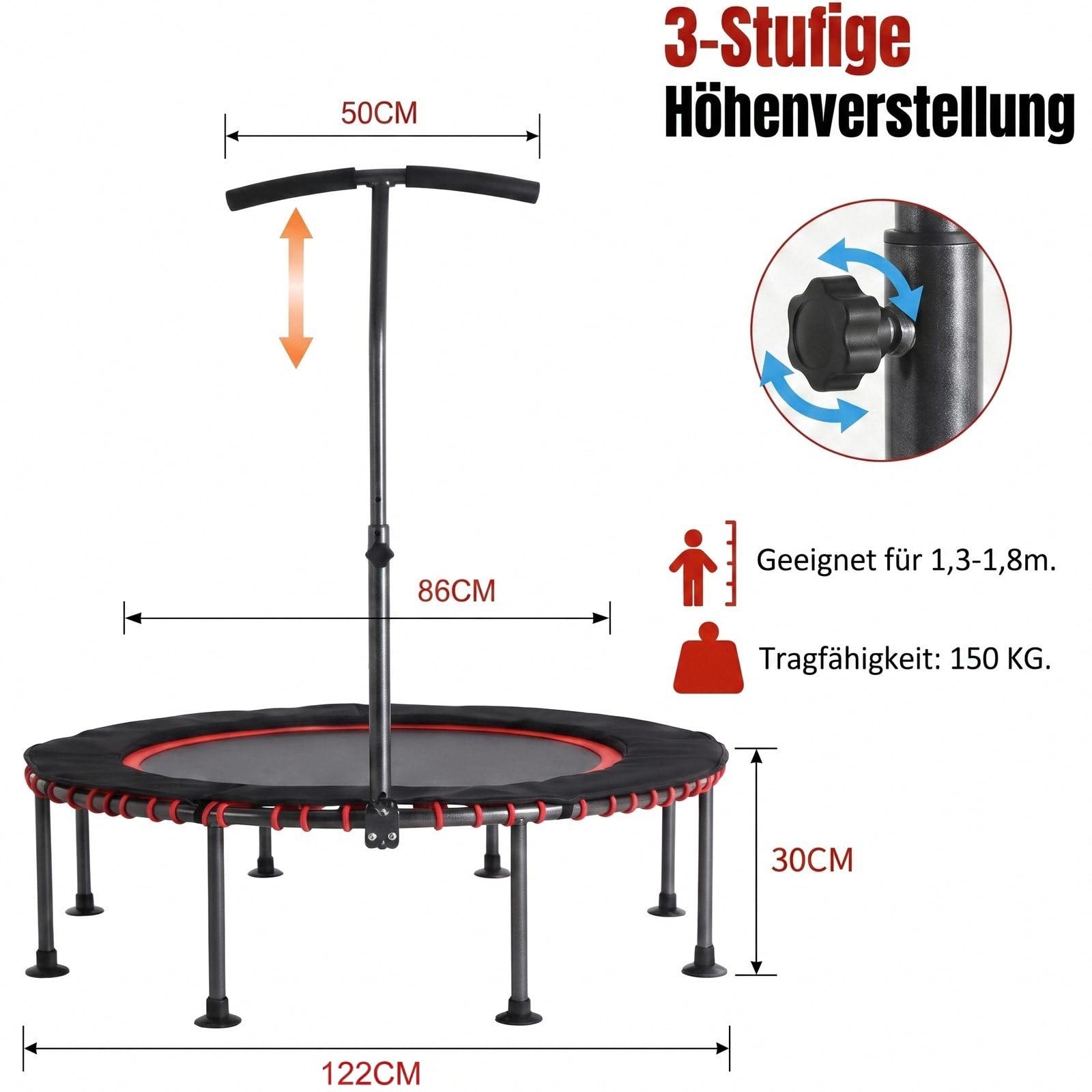 LIFERUN Trampolino elastico per interni, per adulti, diametro di 122/128cm, per allenamento, portata 150 kg, sospensione in corda in gomma stabile e silenziosa, manico regolabile in altezza a 3,Rosso