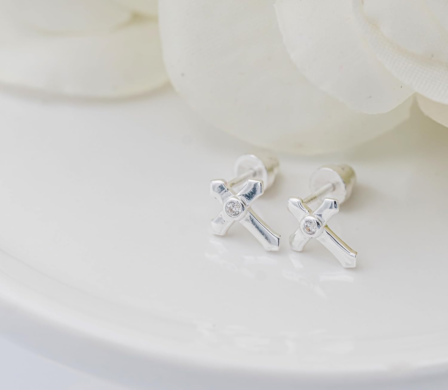 Precious Pieces Children's First Communion, Baptism or Christening .925 Sterling Silver Cross Screw back Earrings with CZ