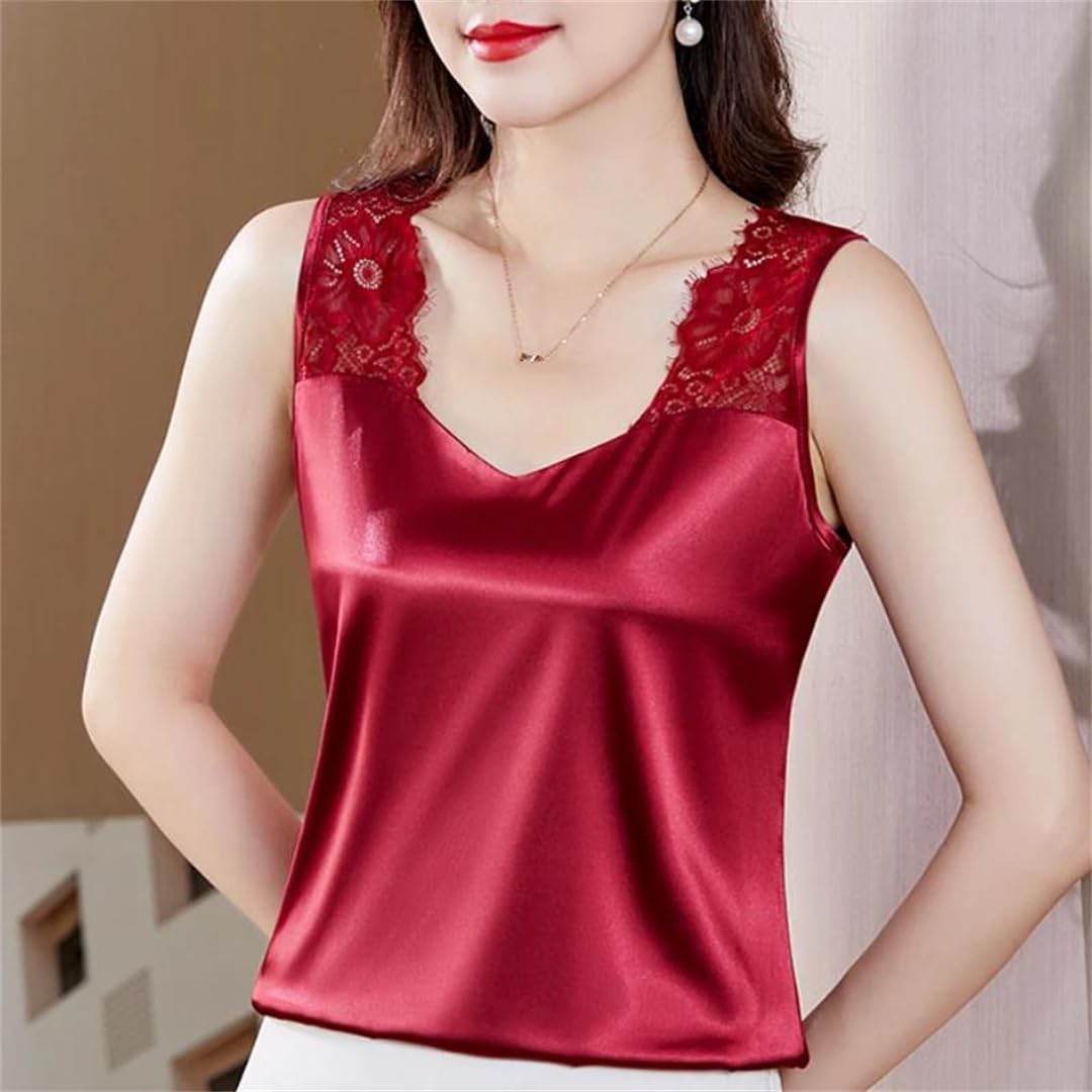 Camicette da donna in seta canotte in pizzo tinta unita senza maniche gilet in raso allentato