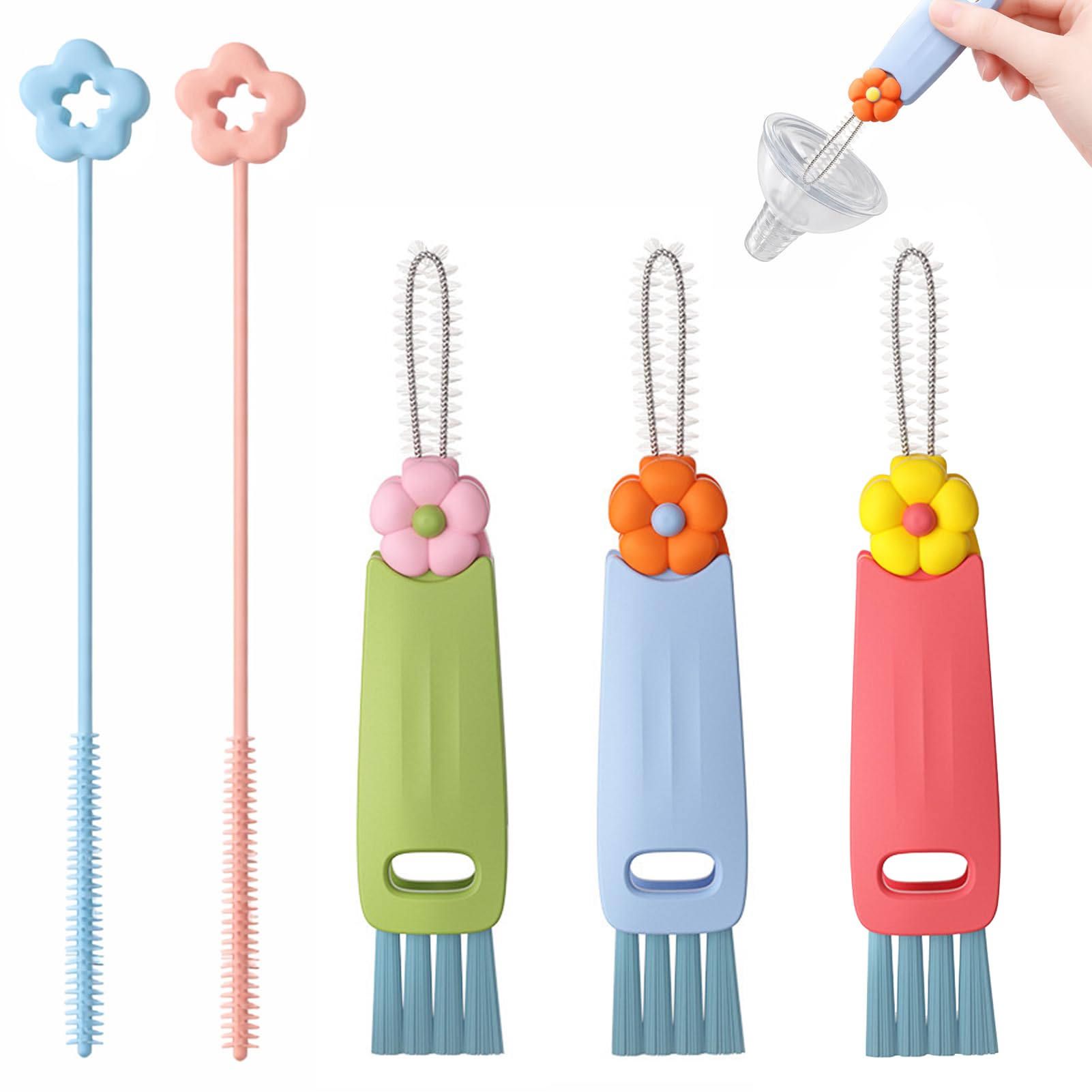 – 5Pcs 3 in 1 Cup Lid Cleaning Brush With Flower Crevice Cleaning Brush Portable Multifunctional Kitchen Cleaning Tools For Deep Clean Cups Lids Bottle Gap Tight Spaces
