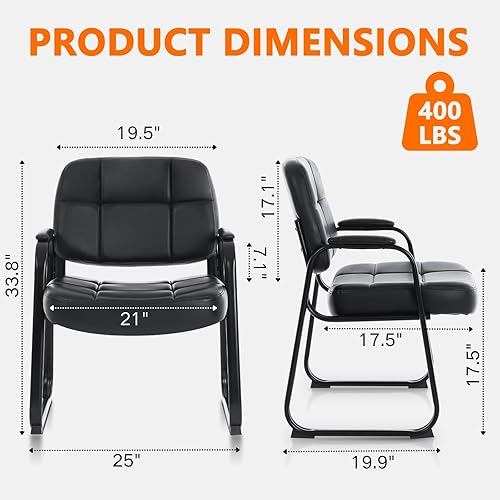 Miniatura 3 de CLATINA Juego de 2 sillas grandes y altas para sala de espera de 400 libras, silla de recepción de oficina de cuero, sin ruedas, con respaldo,