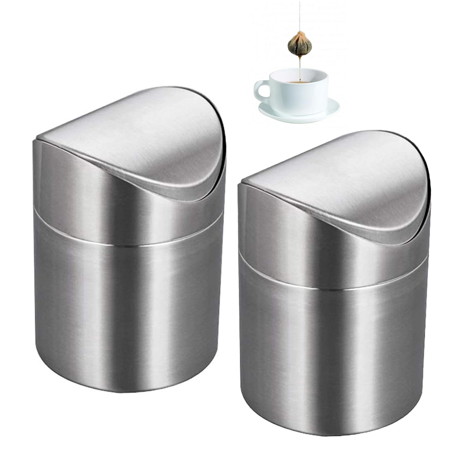 ETRAVEL Mini Desktop Bin with Lid, Brushed Stainless Steel Swing Bin, 12 * 12 * 16.5CM 1.5L (2PCS) - Ideal for Office, Bathroom, Kitchen and Car