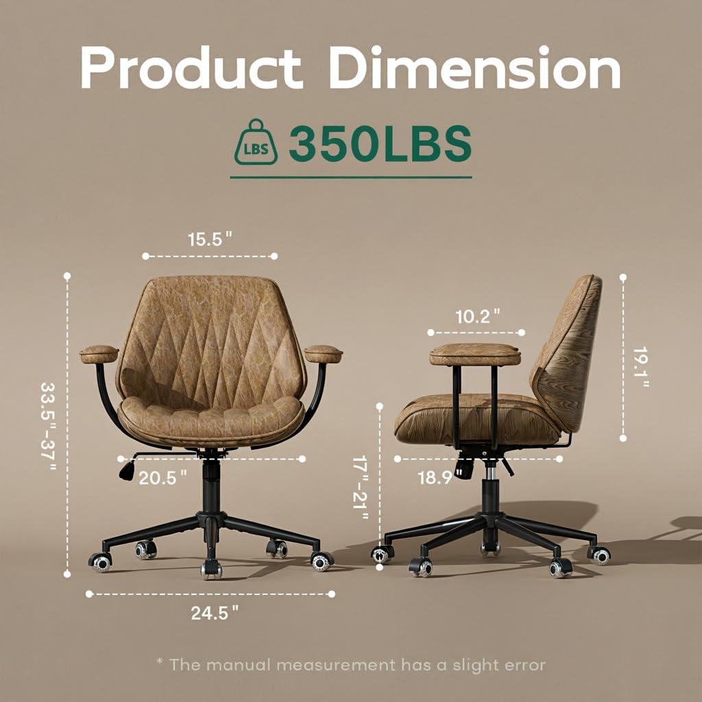 Mid Century Modern Home Office Desk Chair with Silicone Casters, Premium Camel Brown Faux Leather Computer Chair, Height Adjustable Vintage Swivel Task Chair
