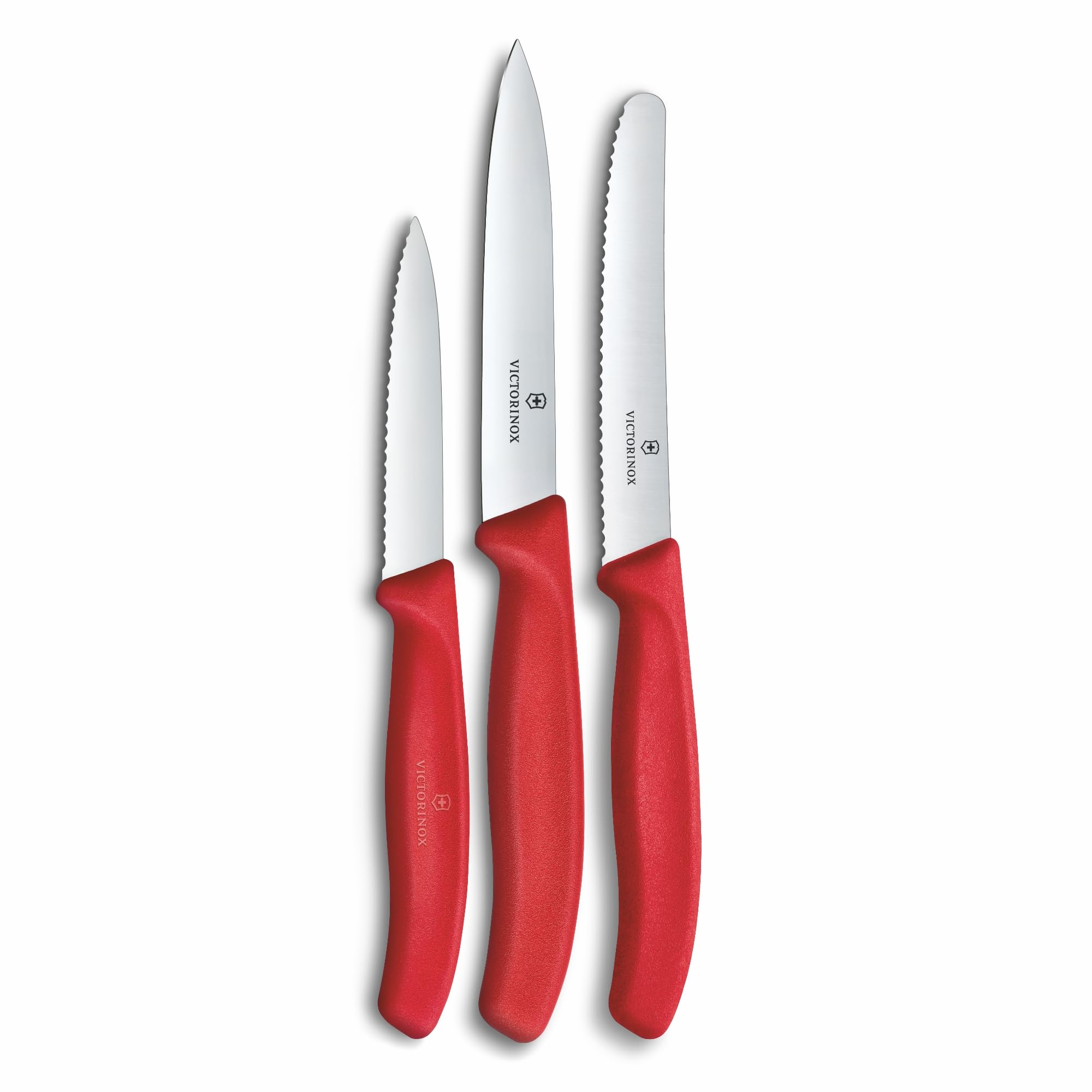 Victorinox Swiss Classic Küchenmesser Set, 3teilig, Gemüse-, Tomaten- und Frühstücksmesser, Rostfreier Stahl, Rot