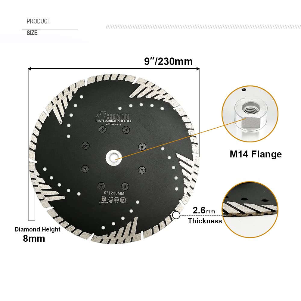 SHDIATOOL Disque Diamant 2Pcs 230mm x M14 Turbo Lame avec Dents de Protection Obliques pour Béton Brique Tuile Granit Marbre Maçonnerie