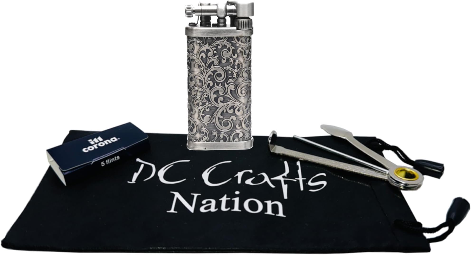 IM Corona Old Boy Lighter - Silver Arabesque - Includes DC Crafts Pipe Bag, Czech Tool, & 5 Pack of Flints