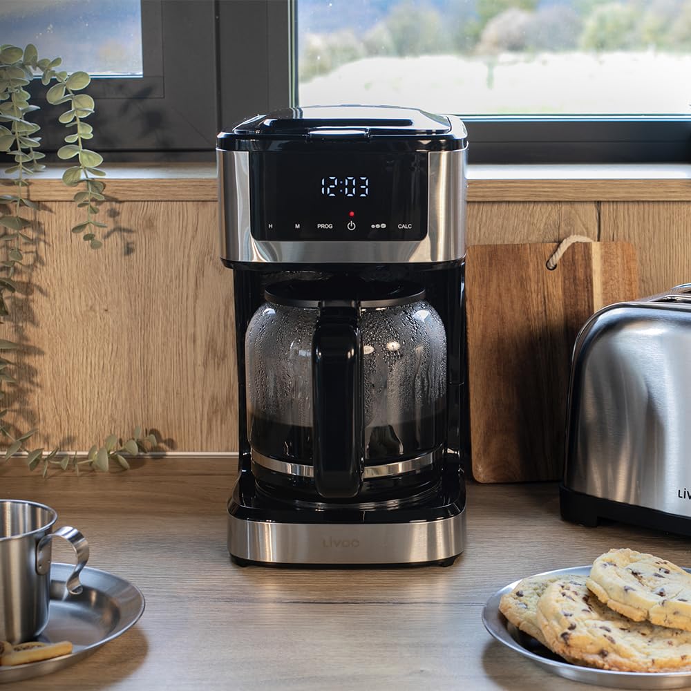 Livoo - Cafetera eléctrica programable DOD208-15 tazas, 1,8L, filtro reutilizable, función programación, mantenimiento caliente, vidrio
