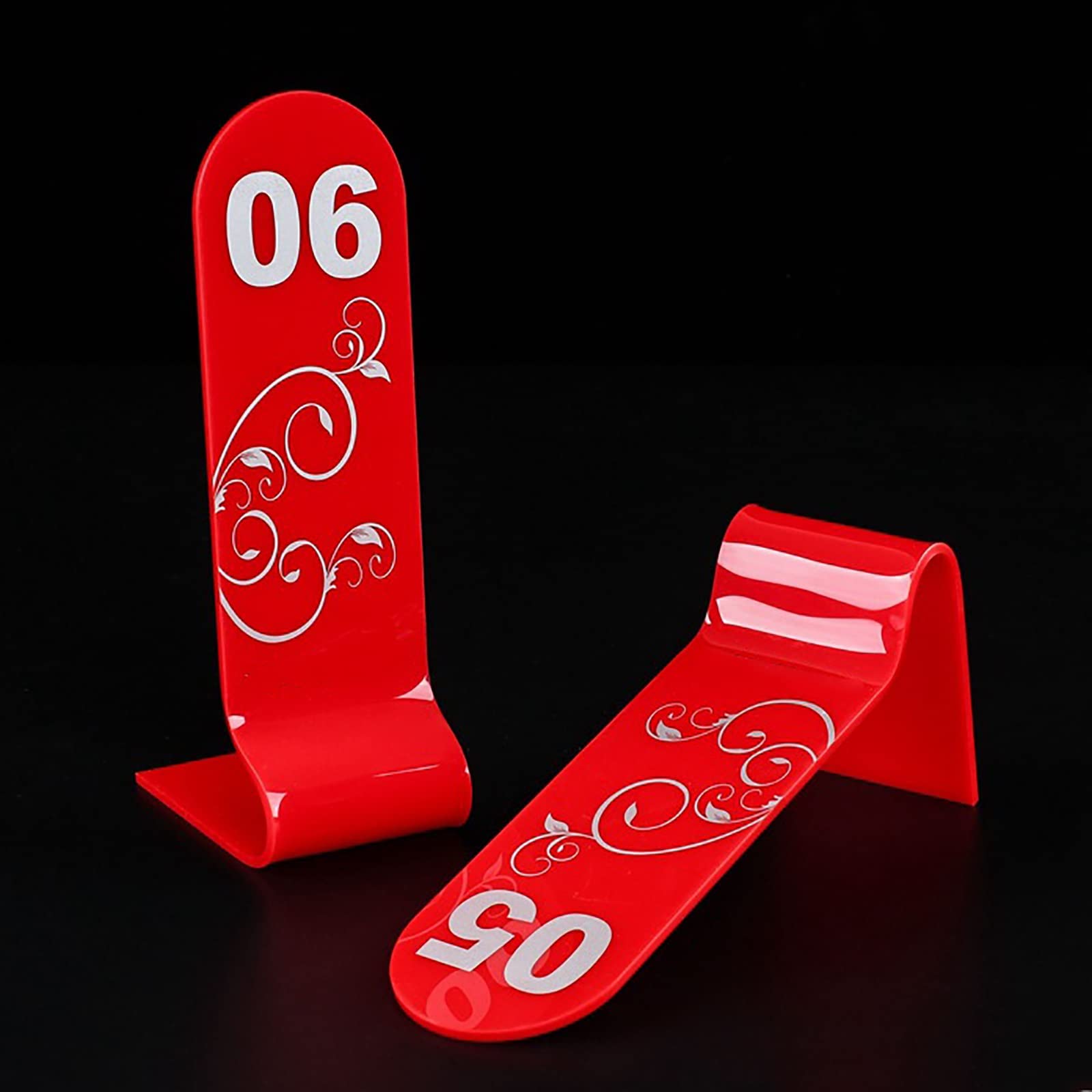 Acryl, doppelseitig nummeriert, stapelbar, Restaurant-Tischnummern, Tischkarten, Blumenmuster, rote Zahlen, Schilder, für Hochzeiten, Cafés, Bars, Tischkarten (Color : 1 to 50, Size : L:20cmxW:6cm)