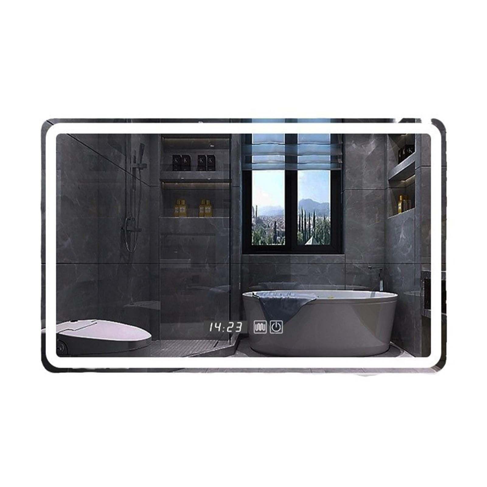Espejo de Maquillaje LED Inteligente, Pantalla táctil antivaho con indicador de Hora y Temperatura, Espejo de tocador Rectangular con Marco de Metal Negro, Ideal para baño y Dormitorio (80 x
